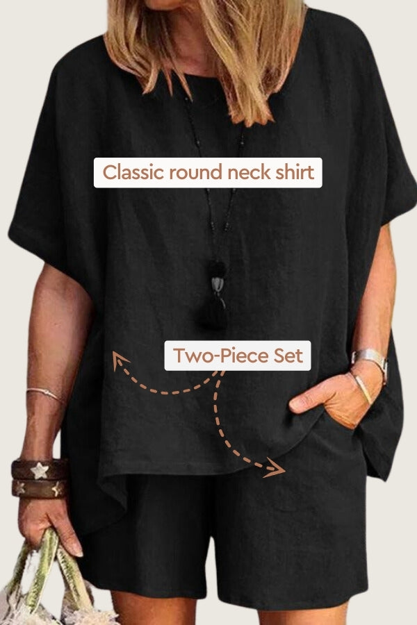 Comfy Linen-like Shirt &amp; Shorts Two-Piece Set