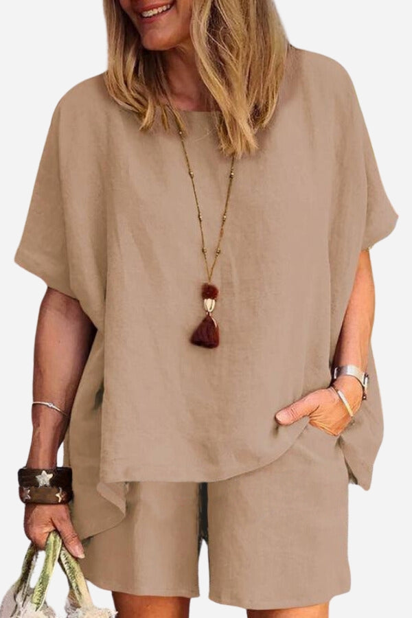 Comfy Linen-like Shirt &amp; Shorts Two-Piece Set