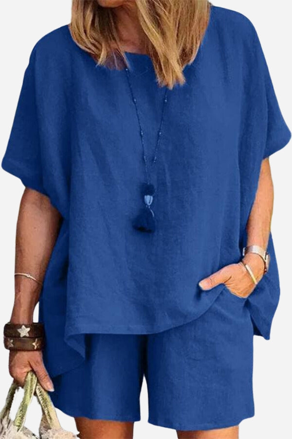 Comfy Linen-like Shirt &amp; Shorts Two-Piece Set