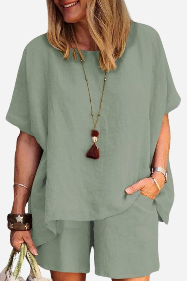 Comfy Linen-like Shirt &amp; Shorts Two-Piece Set