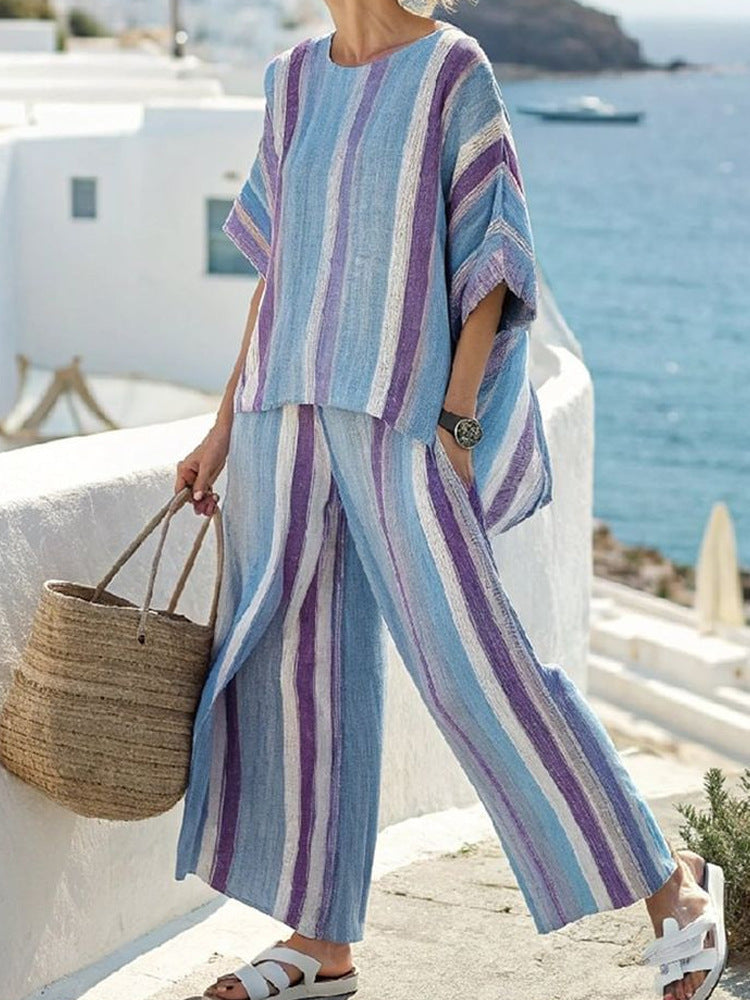 Color-Block Loose Wide-Leg Pants Two-Piece Set