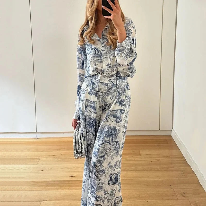 Elegant Printed Lapel Suit with Long Pants