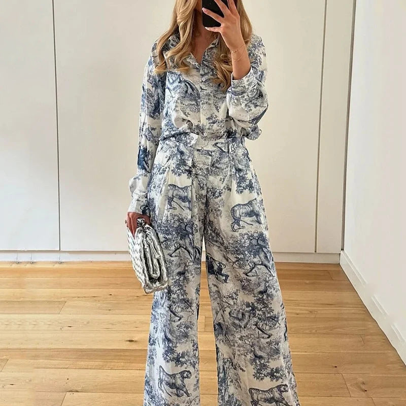 Elegant Printed Lapel Suit with Long Pants
