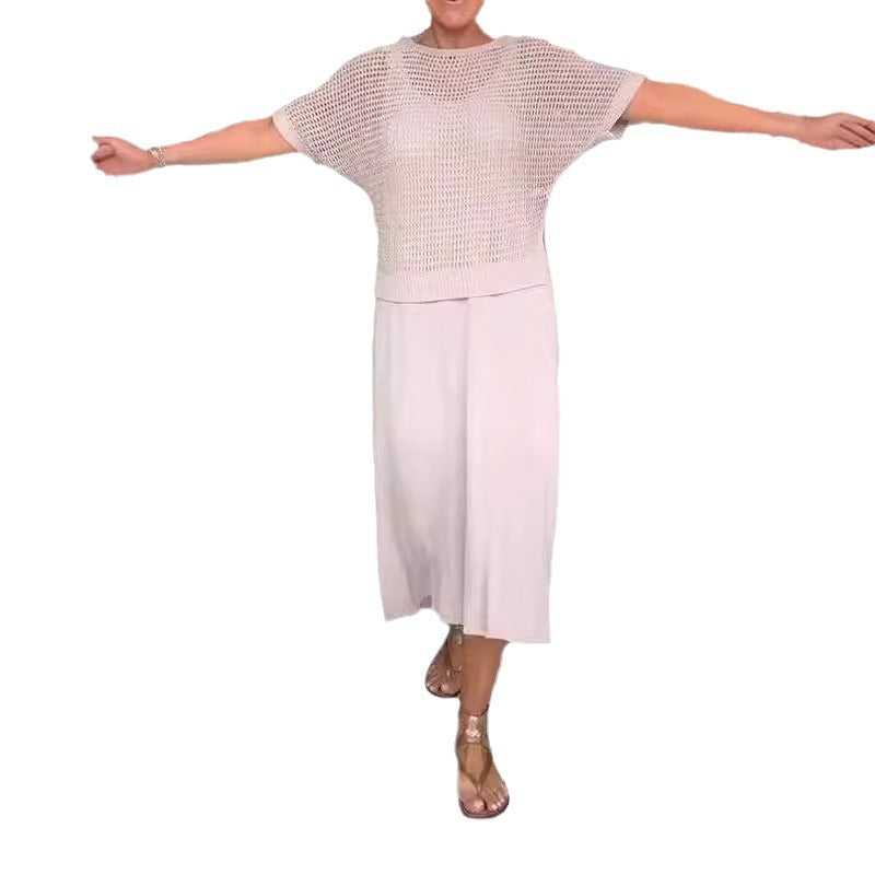 Hollow-Knitted Mesh Dress Set in Solid Color