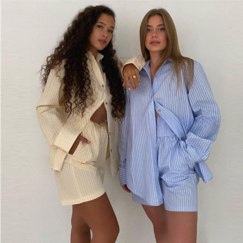 Casual Striped Long-Sleeve Shirt and High-Waisted Shorts Set