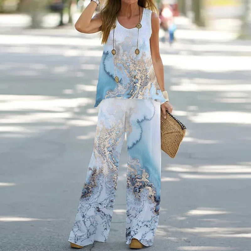 Casual Printed Sleeveless Top with High-Waisted Pants Set