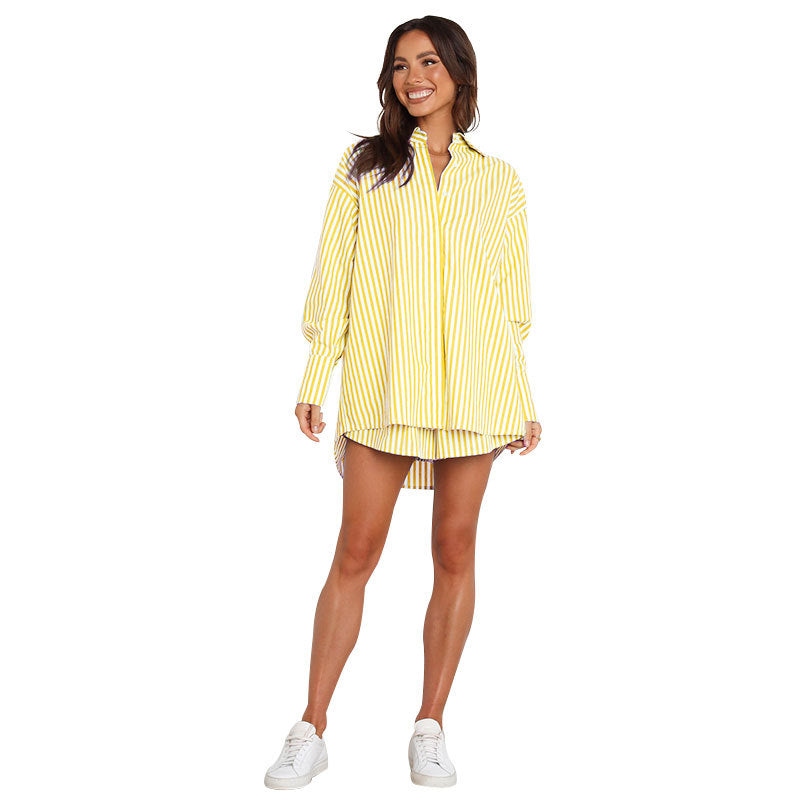 Striped Long-Sleeve Two-Piece Business Casual Set