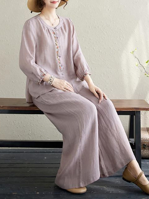 New Retro Embroidered Shirt and Casual Pants Set