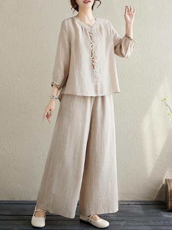 New Retro Embroidered Shirt and Casual Pants Set