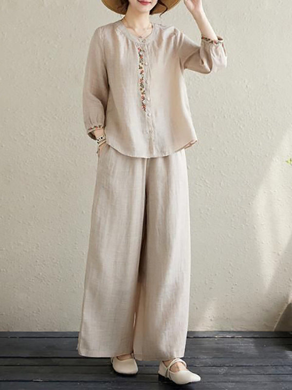 New Retro Embroidered Shirt and Casual Pants Set