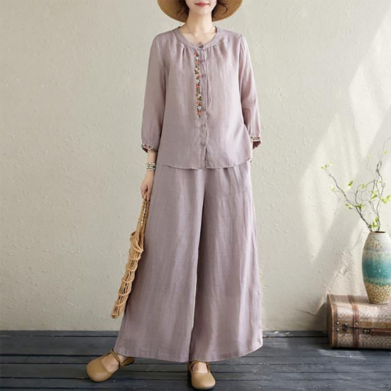 New Retro Embroidered Shirt and Casual Pants Set