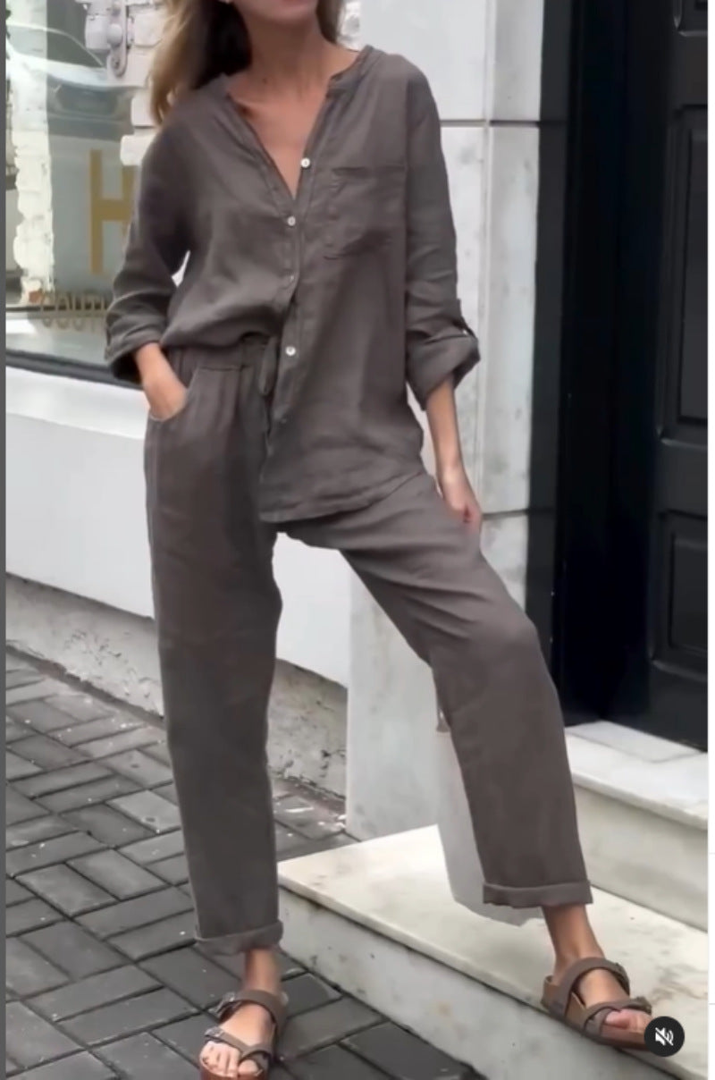 Plus Size Cotton Linen 2-Piece Set with Pockets