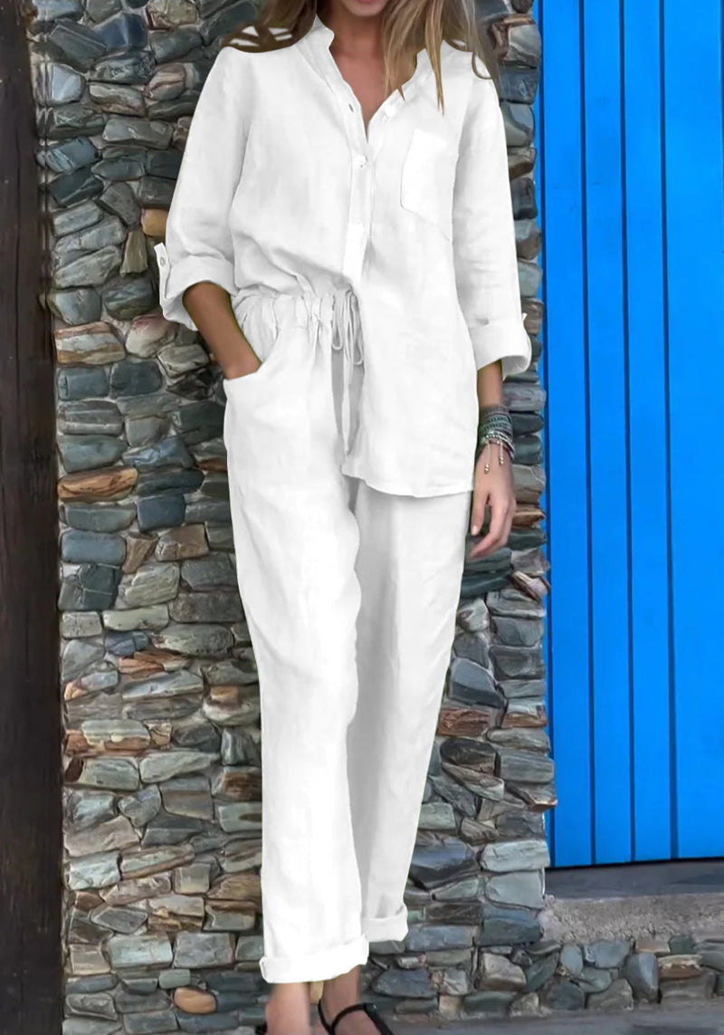 Plus Size Cotton Linen 2-Piece Set with Pockets