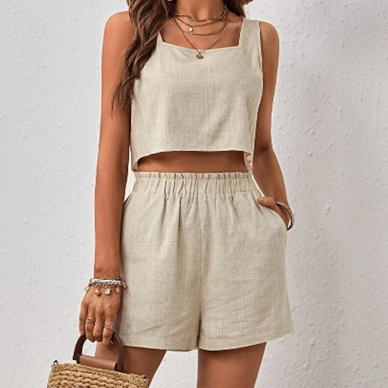Elegant Casual Cotton Linen Top and Shorts Set