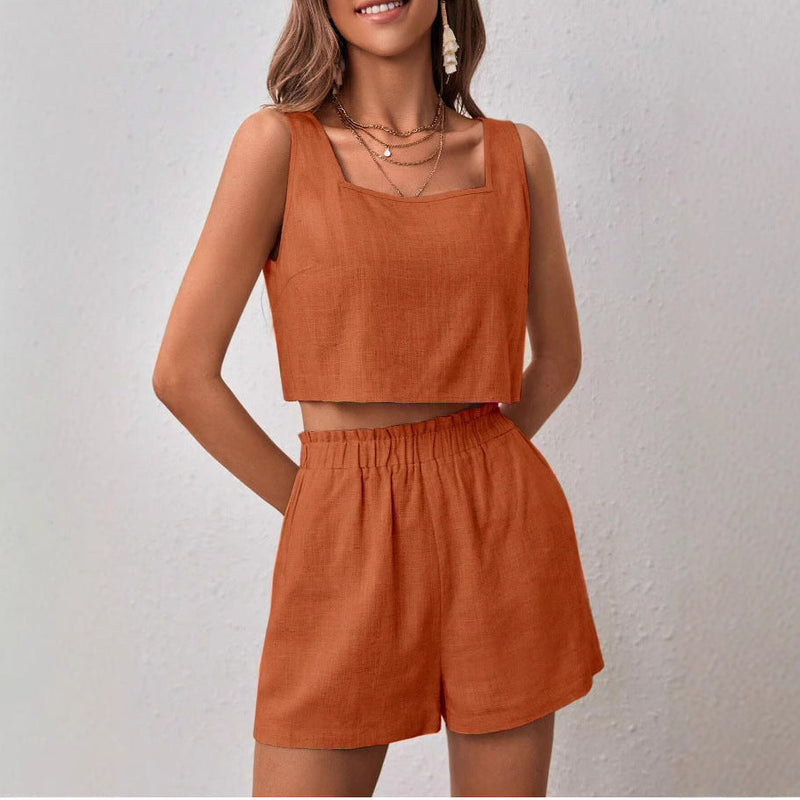Elegant Casual Cotton Linen Top and Shorts Set