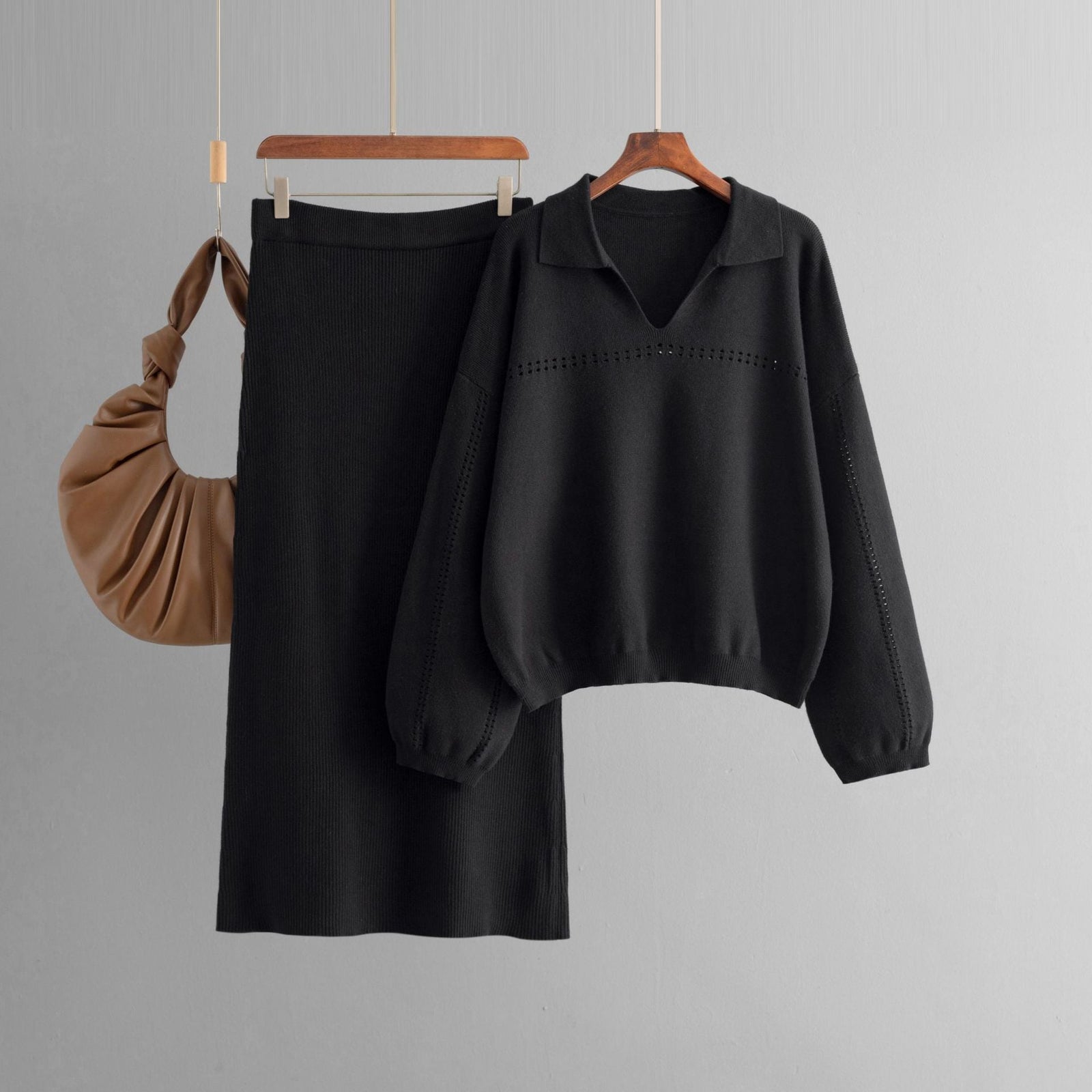 Knitted POLO Collar Hollow Long Skirt Set