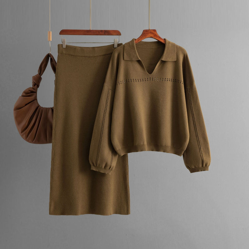 Knitted POLO Collar Hollow Long Skirt Set