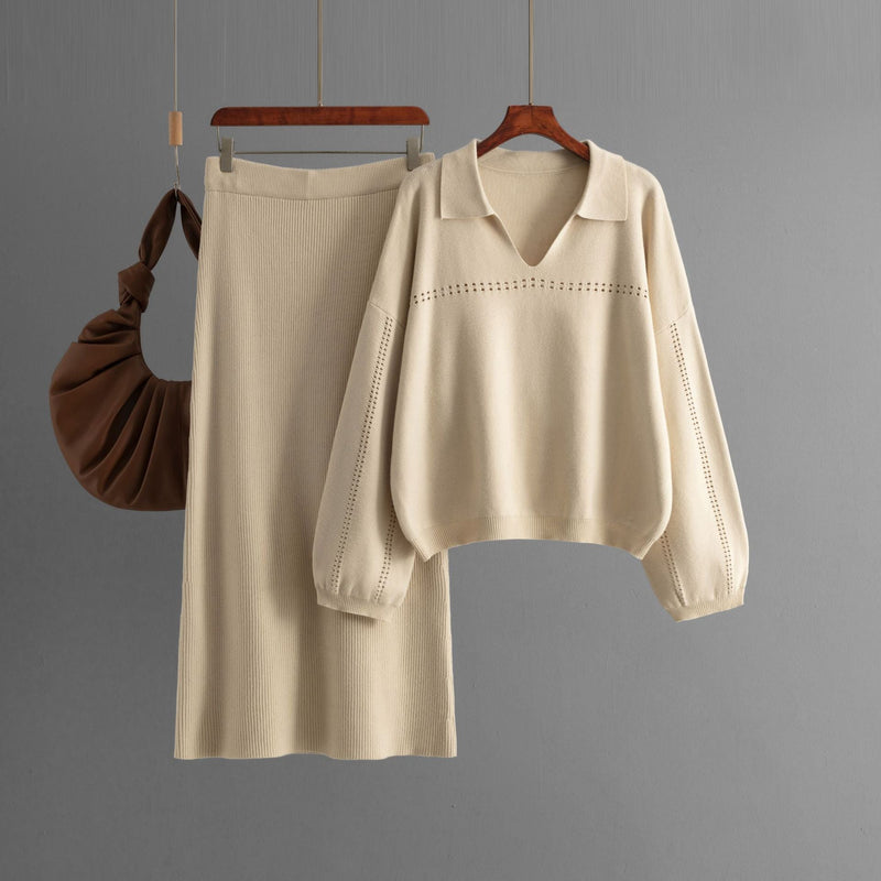 Knitted POLO Collar Hollow Long Skirt Set