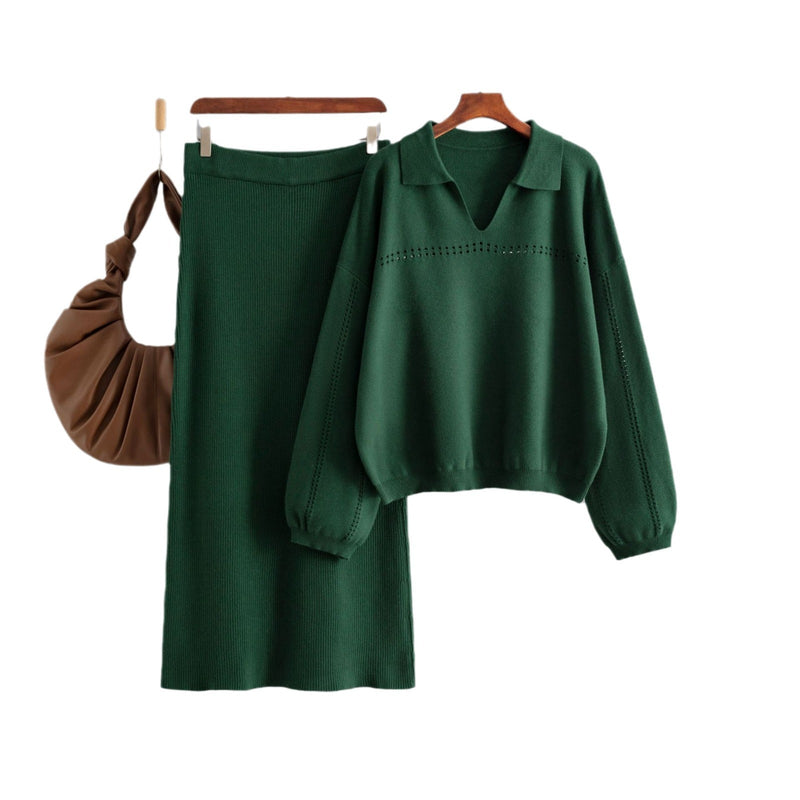 Knitted POLO Collar Hollow Long Skirt Set