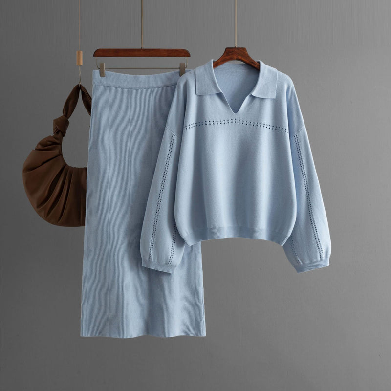 Knitted POLO Collar Hollow Long Skirt Set