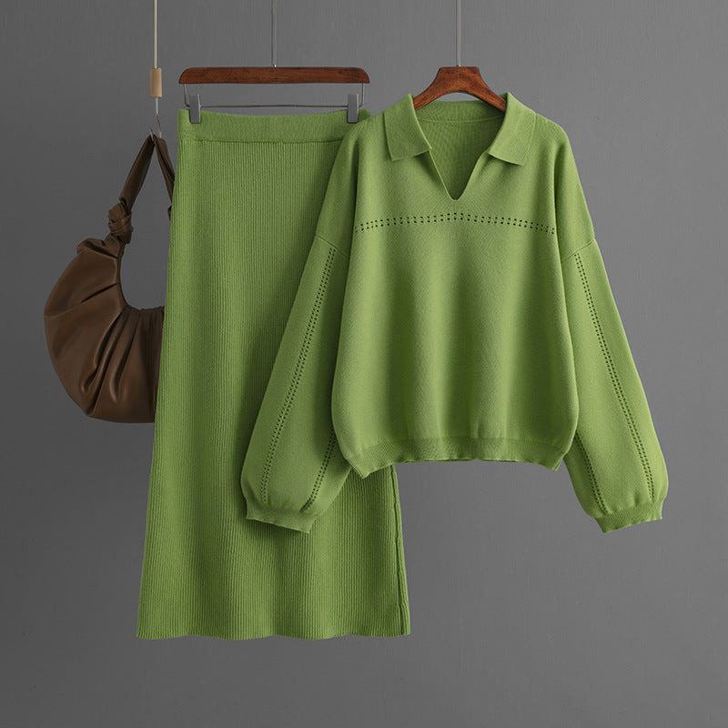 Knitted POLO Collar Hollow Long Skirt Set
