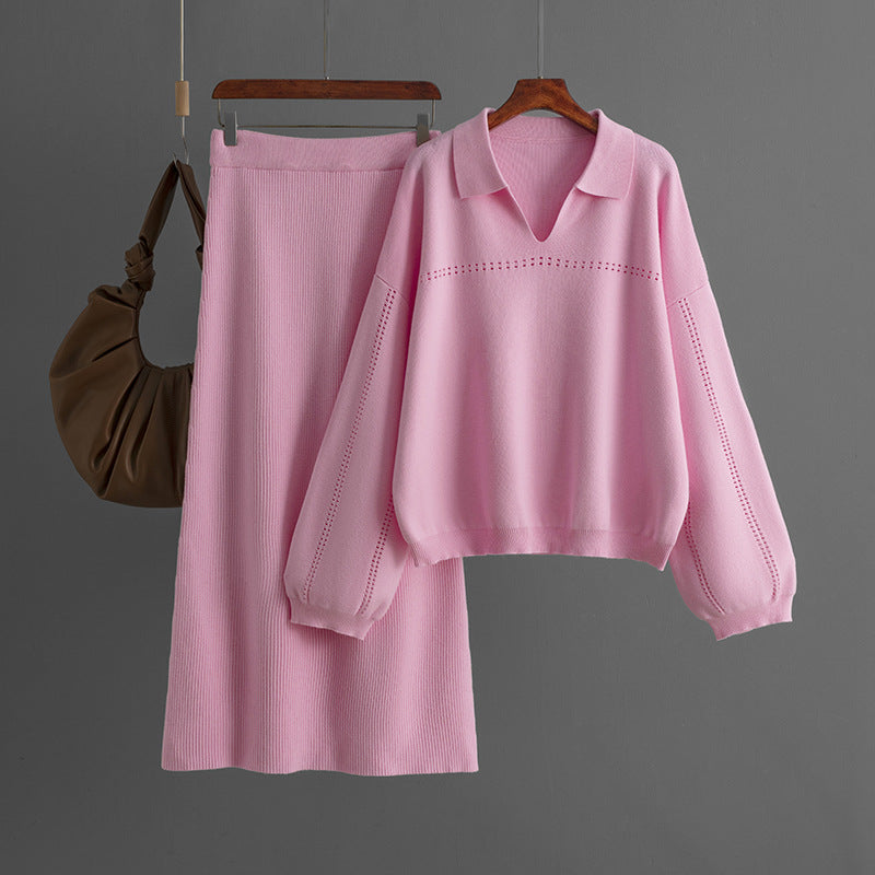 Knitted POLO Collar Hollow Long Skirt Set