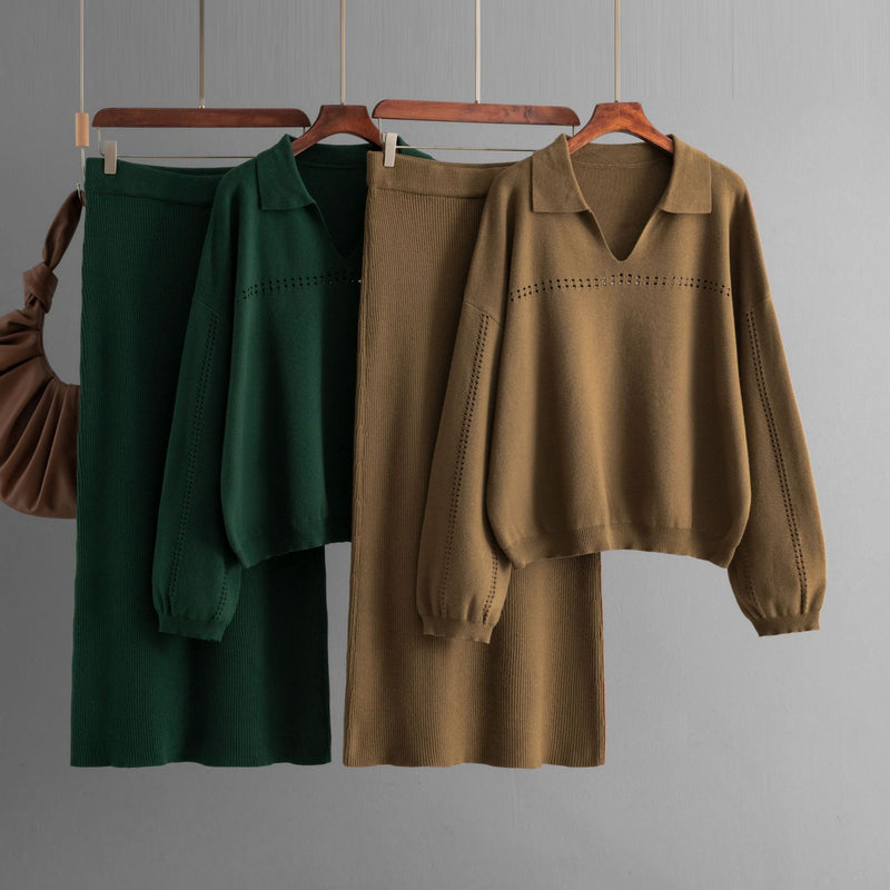 Knitted POLO Collar Hollow Long Skirt Set