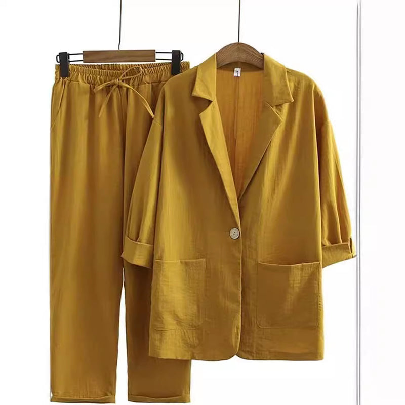 Cotton Linen Blazer and Pants 2-Piece Suit Set
