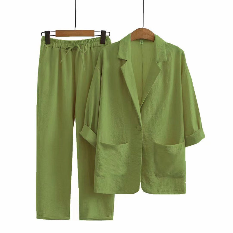 Cotton Linen Blazer and Pants 2-Piece Suit Set