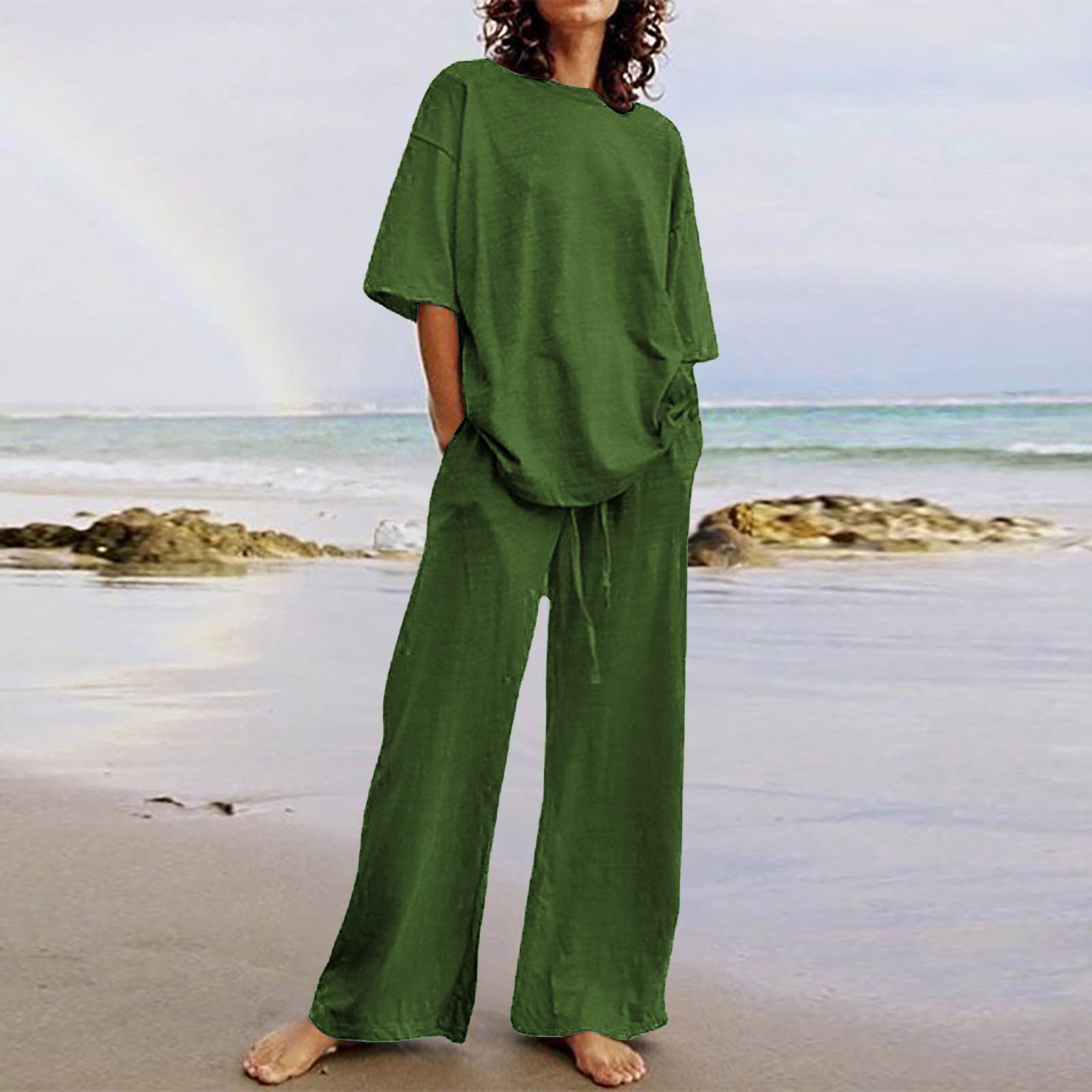 Belted Pocket 2-Piece Casual Top and Wide-Leg Pants Set
