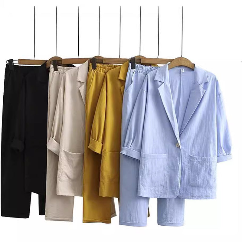 Cotton Linen Blazer and Pants 2-Piece Suit Set