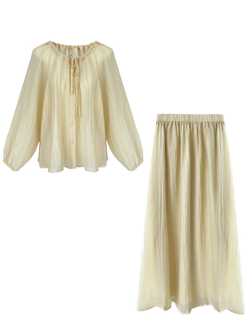 Deerxi Drawstring Ruched Sun-Protection Shirt and Skirt Set