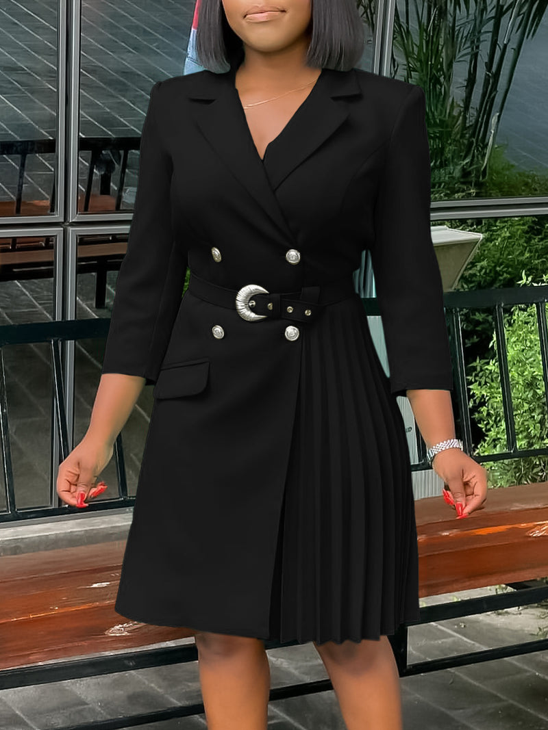 High-Waist Pleated Blazer Dress with Belt
