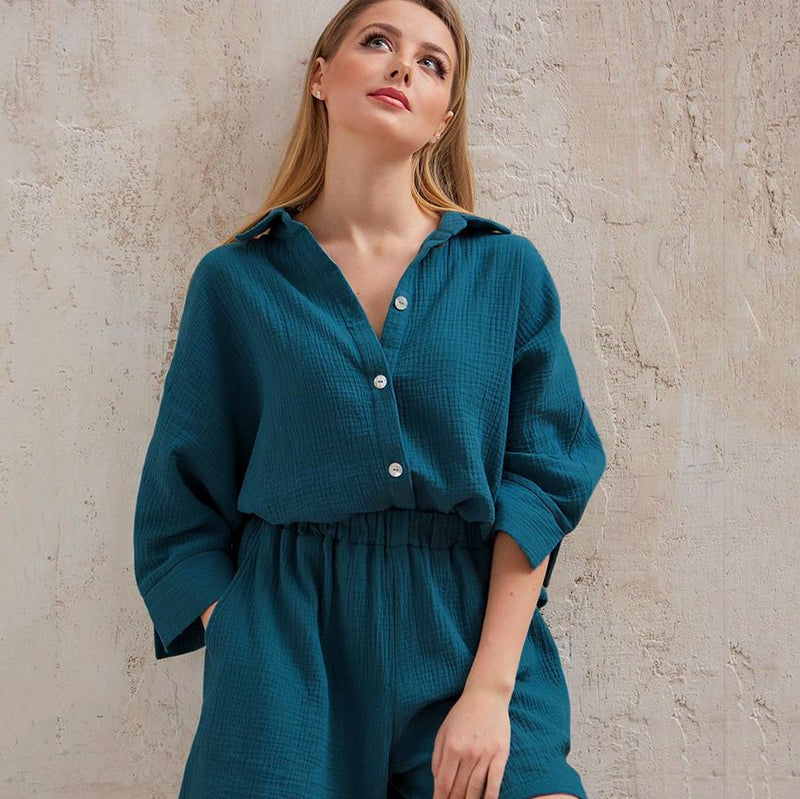 Cotton Shirt and Shorts Two-Piece Set for Commuting