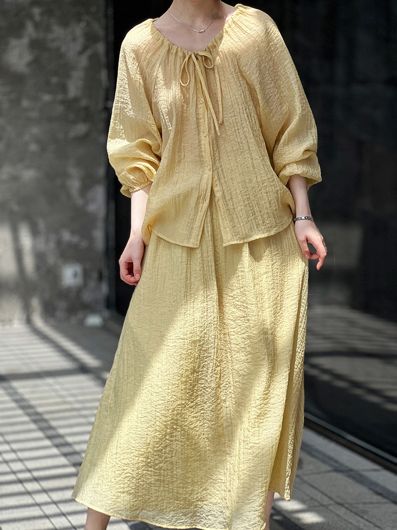 Deerxi Drawstring Ruched Sun-Protection Shirt and Skirt Set
