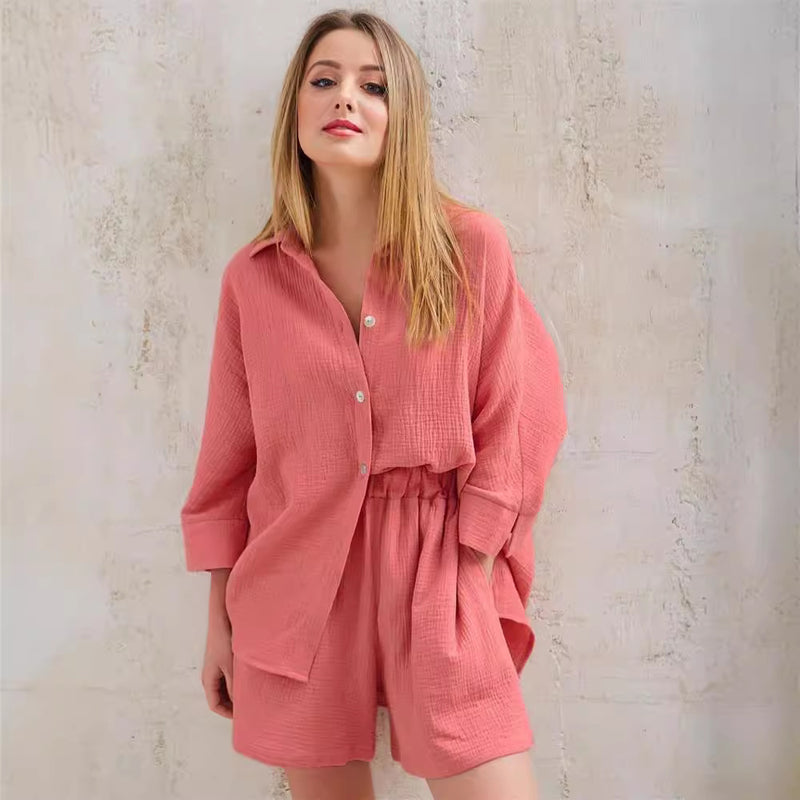 Cotton Shirt and Shorts Two-Piece Set for Commuting