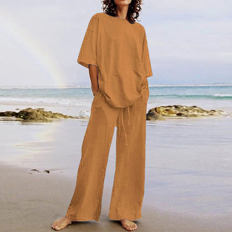 Belted Pocket 2-Piece Casual Top and Wide-Leg Pants Set