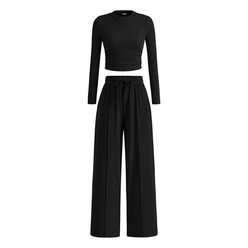 Ribbed Cropped Top and Wide-Leg Pants Set
