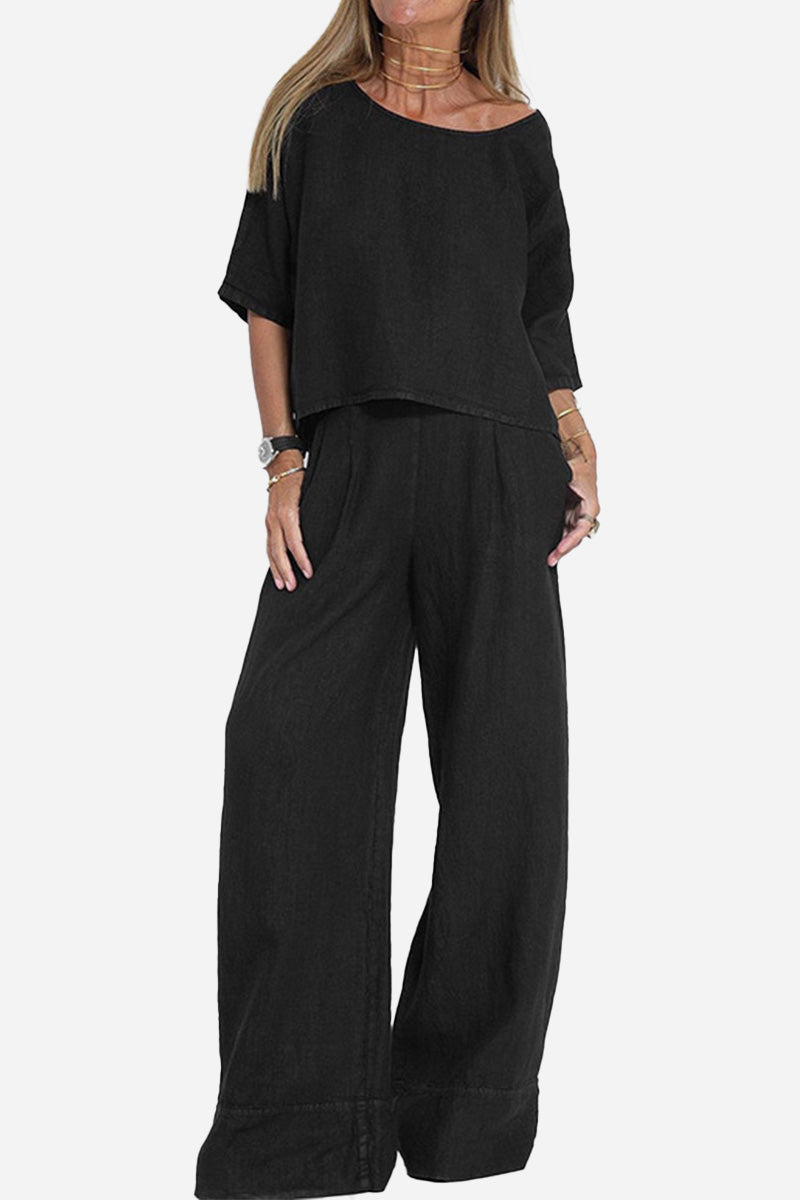 At Ease &amp; Down to Earth: Short-sleeved Pullover &amp; Wide Trouser Matching Set