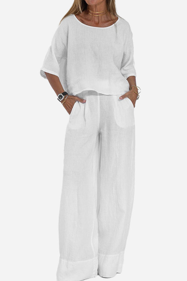 At Ease &amp; Down to Earth: Short-sleeved Pullover &amp; Wide Trouser Matching Set